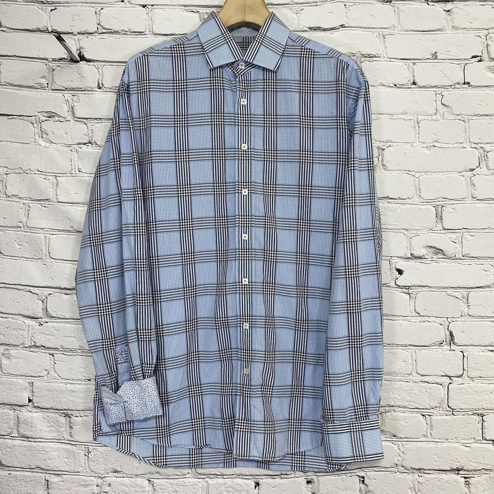 Bugatchi Shirt Mens Size XL Blue Black Check Shaped Fit Flip Cuffs Long Sleeve
